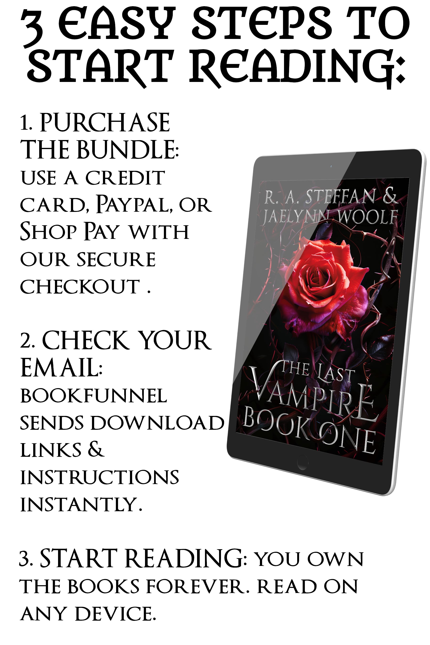 Promotional text for purchasing and downloading 'The Last Vampire' book series on a digital device.