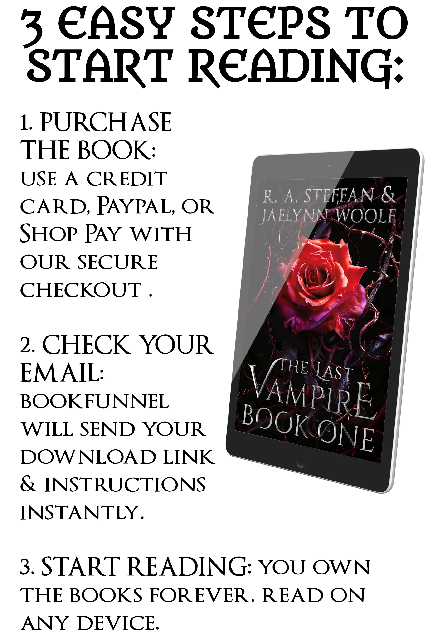 Promotional text for purchasing and downloading 'The Last Vampire' book series with an image of a tablet displaying the book cover.