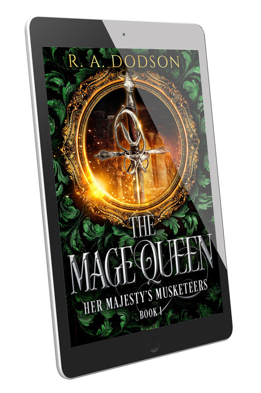 A tablet device displaying the book cover of 'The Mage Queen' by R. A. Dodson