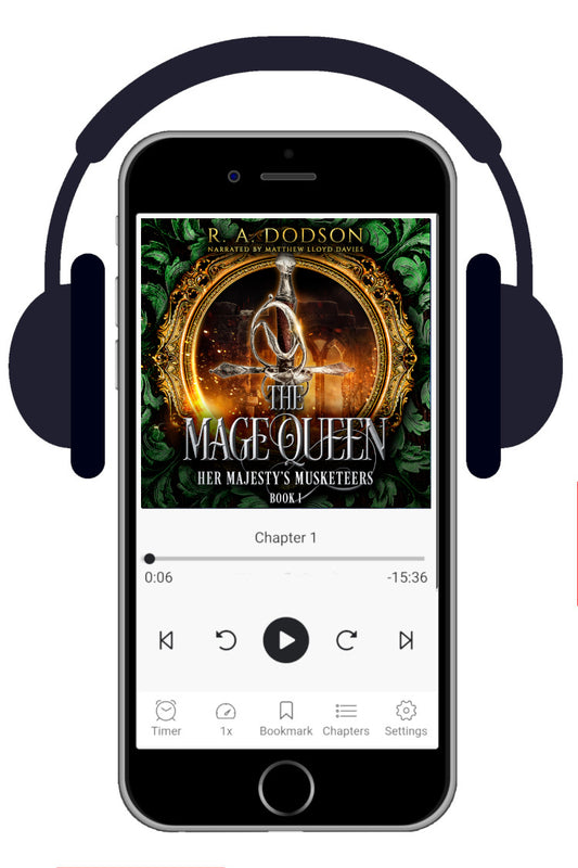 A smartphone centered on a white background, shown with over-ear headphones around it. The phone screen displays a book player with the cover art for 'The Mage Queen' by R. A. Dodson