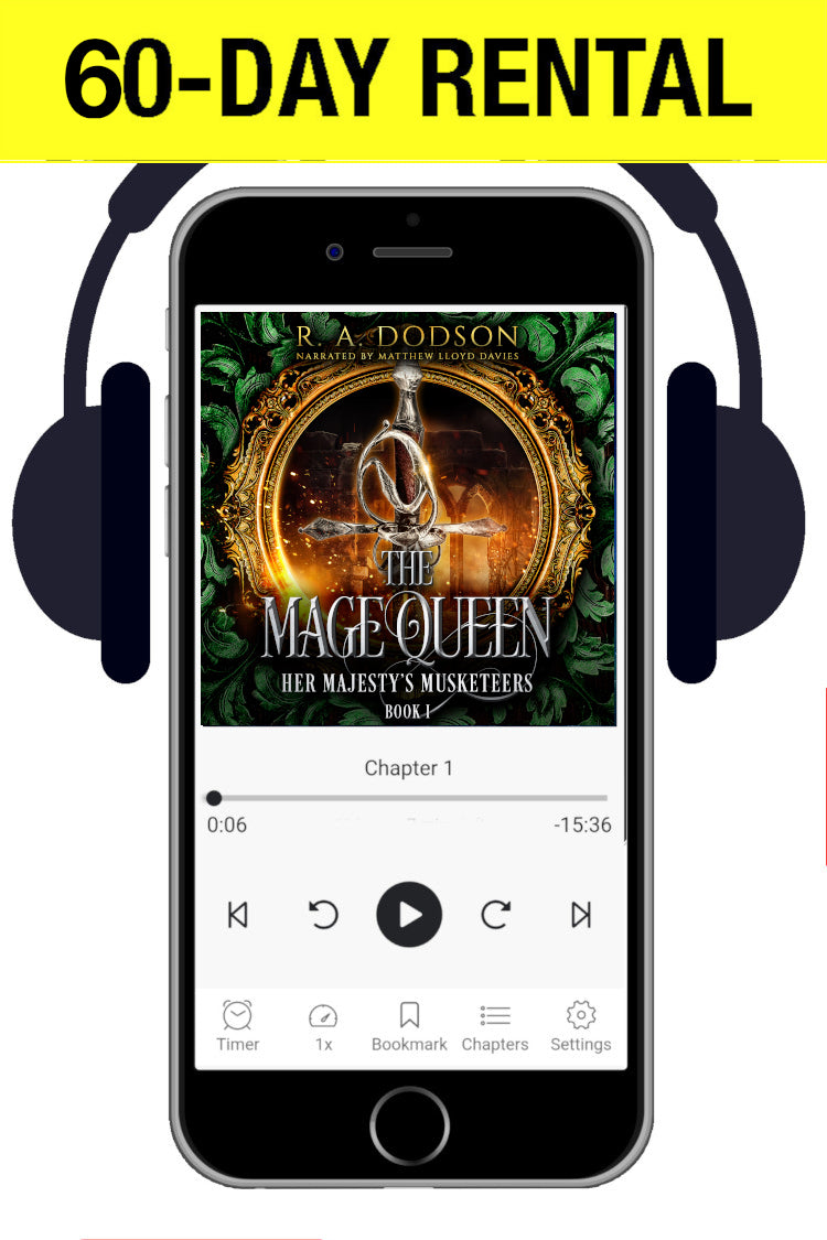 A promotional graphic for a digital audiobook rental, featuring a smartphone with headphones around it displaying the cover art of 'The Mage Queen' by R. A Dodson