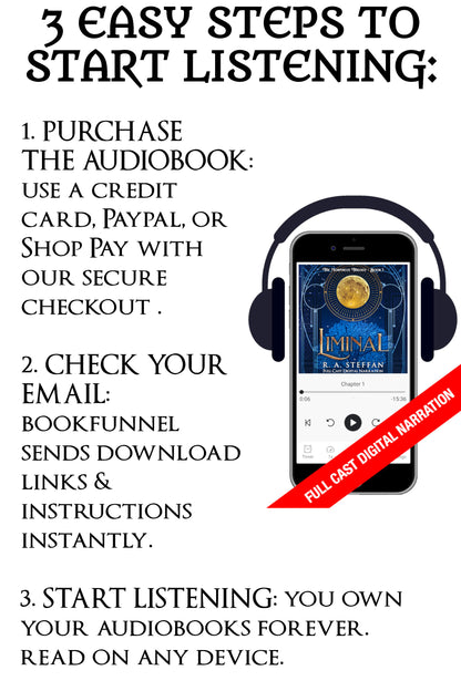 Instructions for purchasing and listening to audiobooks with a smartphone and headphones displayed.