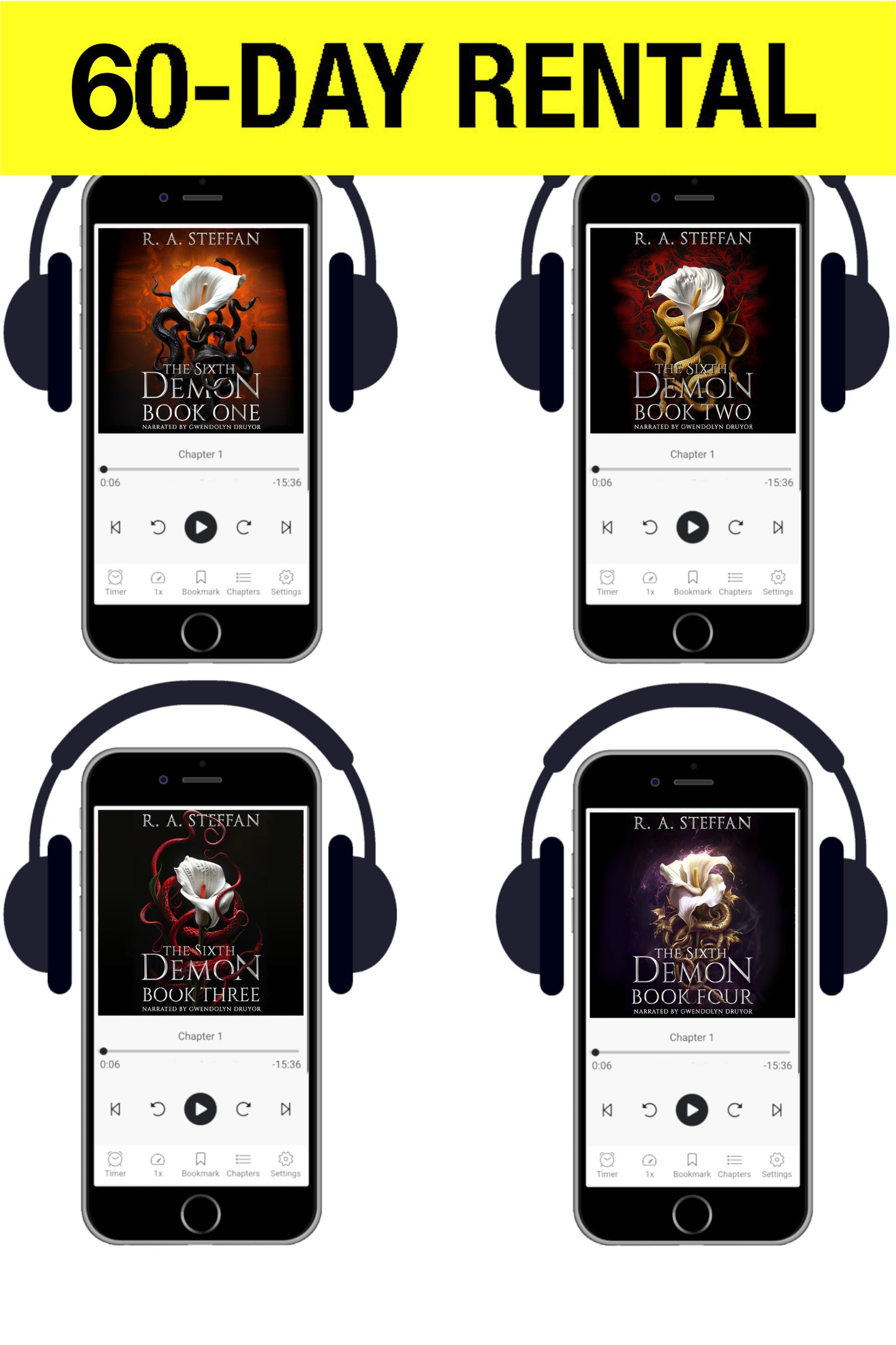 Promotional graphic for a 60-day rental of an audiobook or e-book set, showing four smartphone screens with black headphones over book covers by R. A.