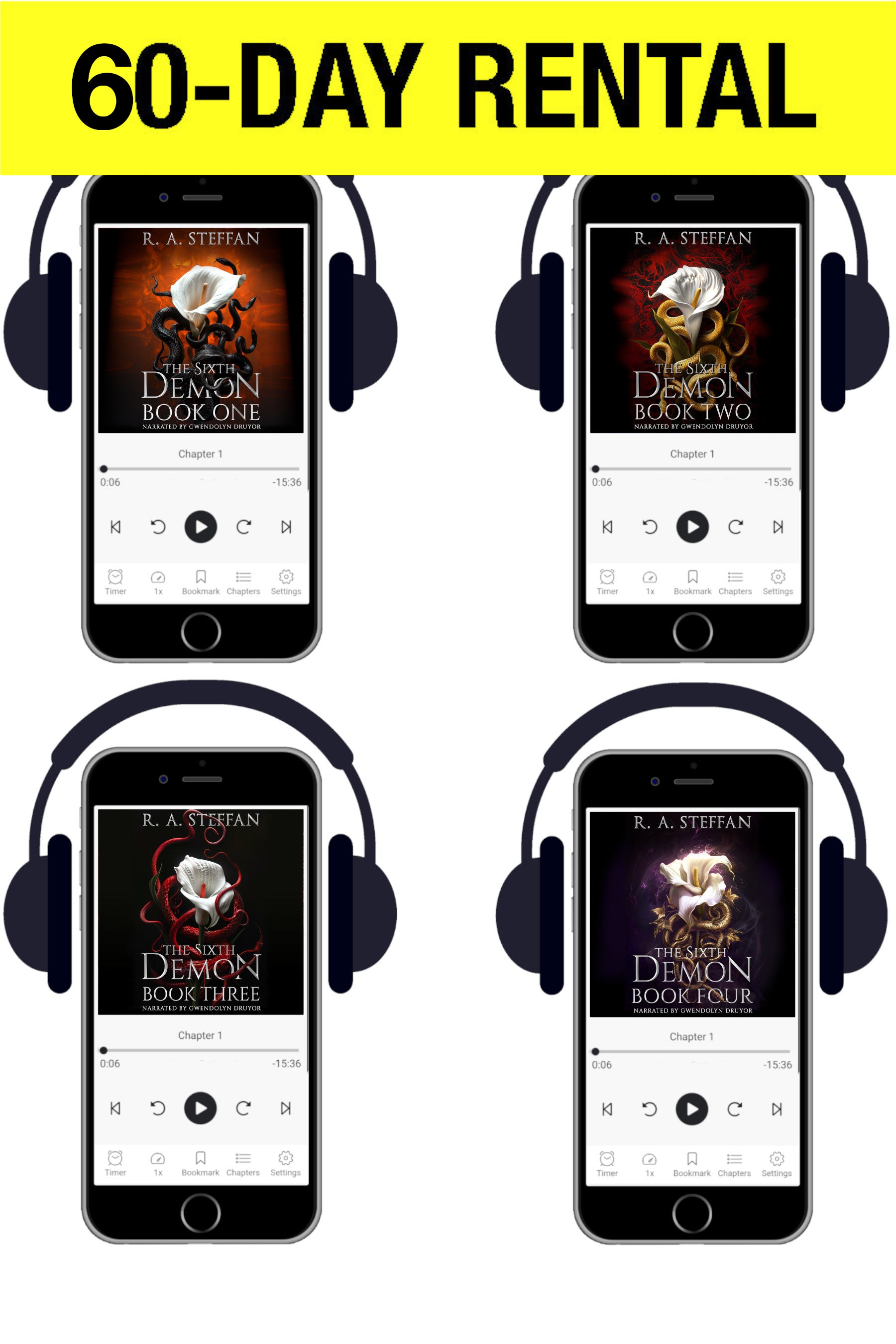 Promotional graphic for a 60-day rental of an audiobook or e-book set, showing four smartphone screens with black headphones over book covers by R. A.