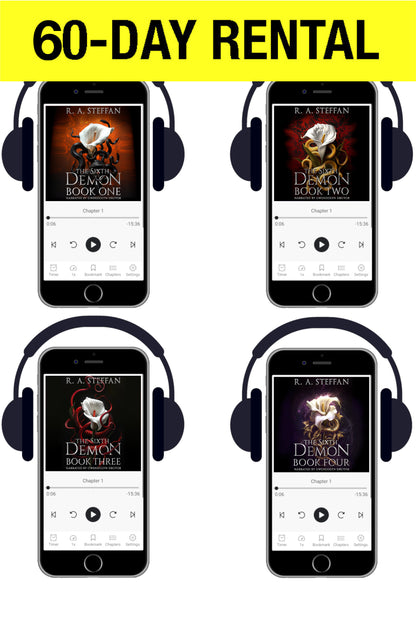 Promotional graphic for a 60-day rental of an audiobook or e-book set, showing four smartphone screens with black headphones over book covers by R. A.