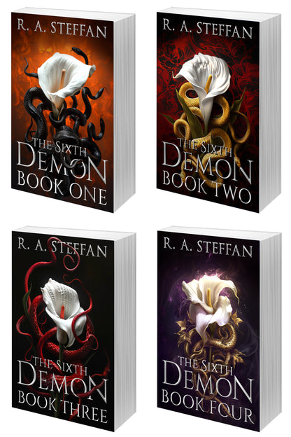 Four book covers arranged in a 2x2 grid on a white background, each showing the title 'The Sixth Demon' with book numbers One through Four. The covers feature gothic fantasy artwork with white flowers, black and red/orange serpent-like forms, and dark purple backgrounds.