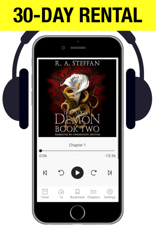 A smartphone centered on a white background with black headphones around it, displaying a digital audiobook or ebook player. The screen shows the cover art for 'The Sixth Demon Book Two' by R.