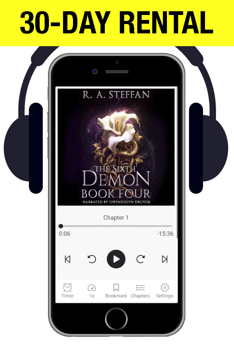 A smartphone centered on a white background with black headphones around it, displaying an audiobook player interface featuring the cover art for 'The Sixth Demon Book Four' by R. A.