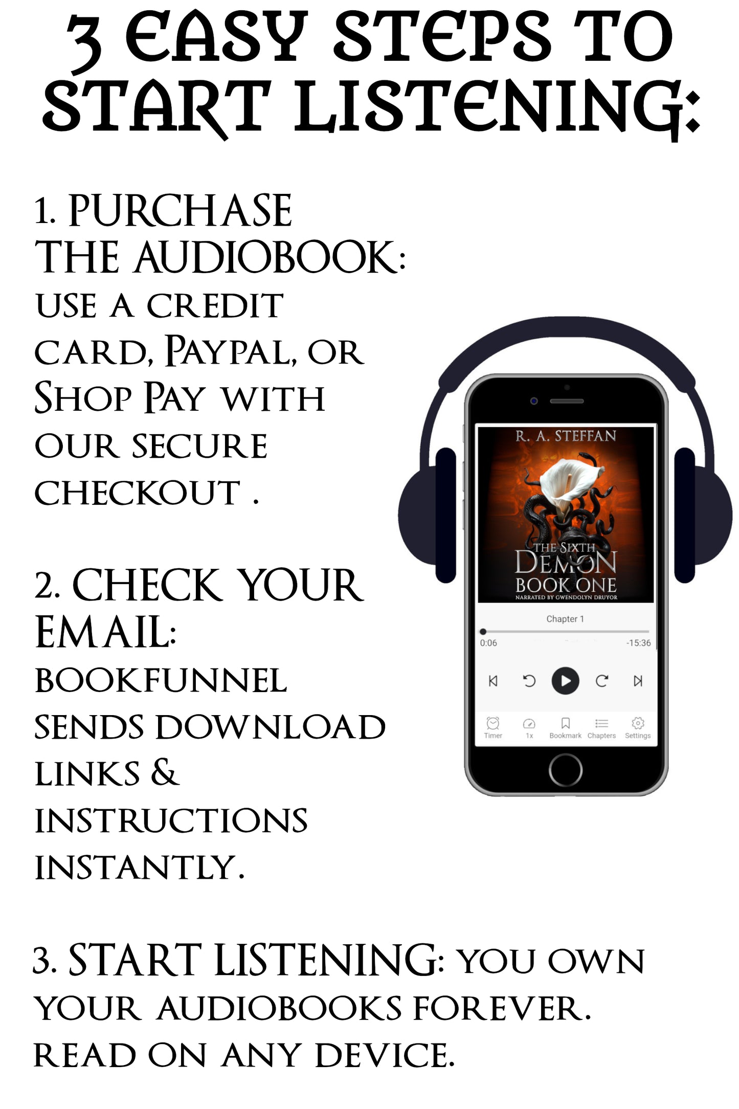 Instructions for purchasing and listening to audiobooks on a smartphone with headphones.