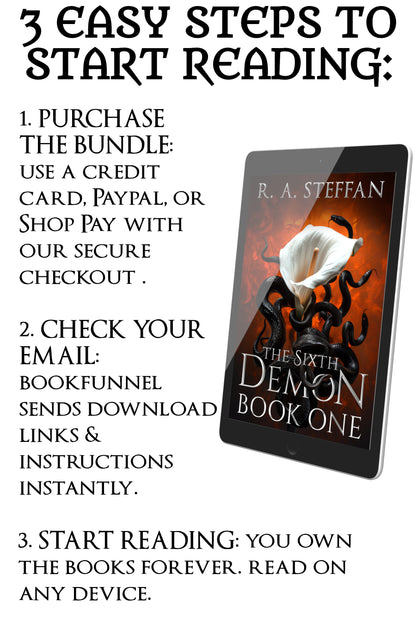 Promotional text for purchasing and downloading 'The Sixth Demon' by R.A. Steffen with a digital book cover displayed.