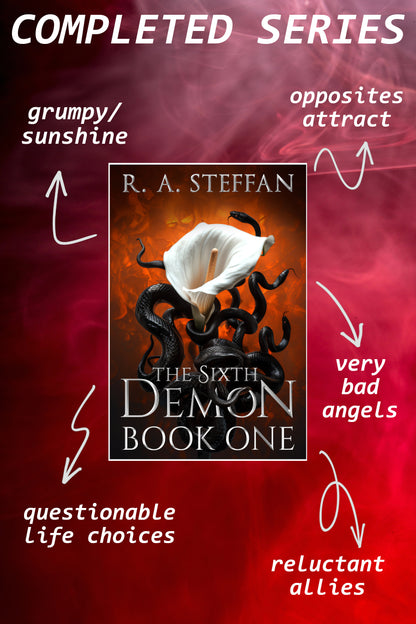 Book cover of 'The Sixth Demon' by R.A. Steffan with character tropes on a red background