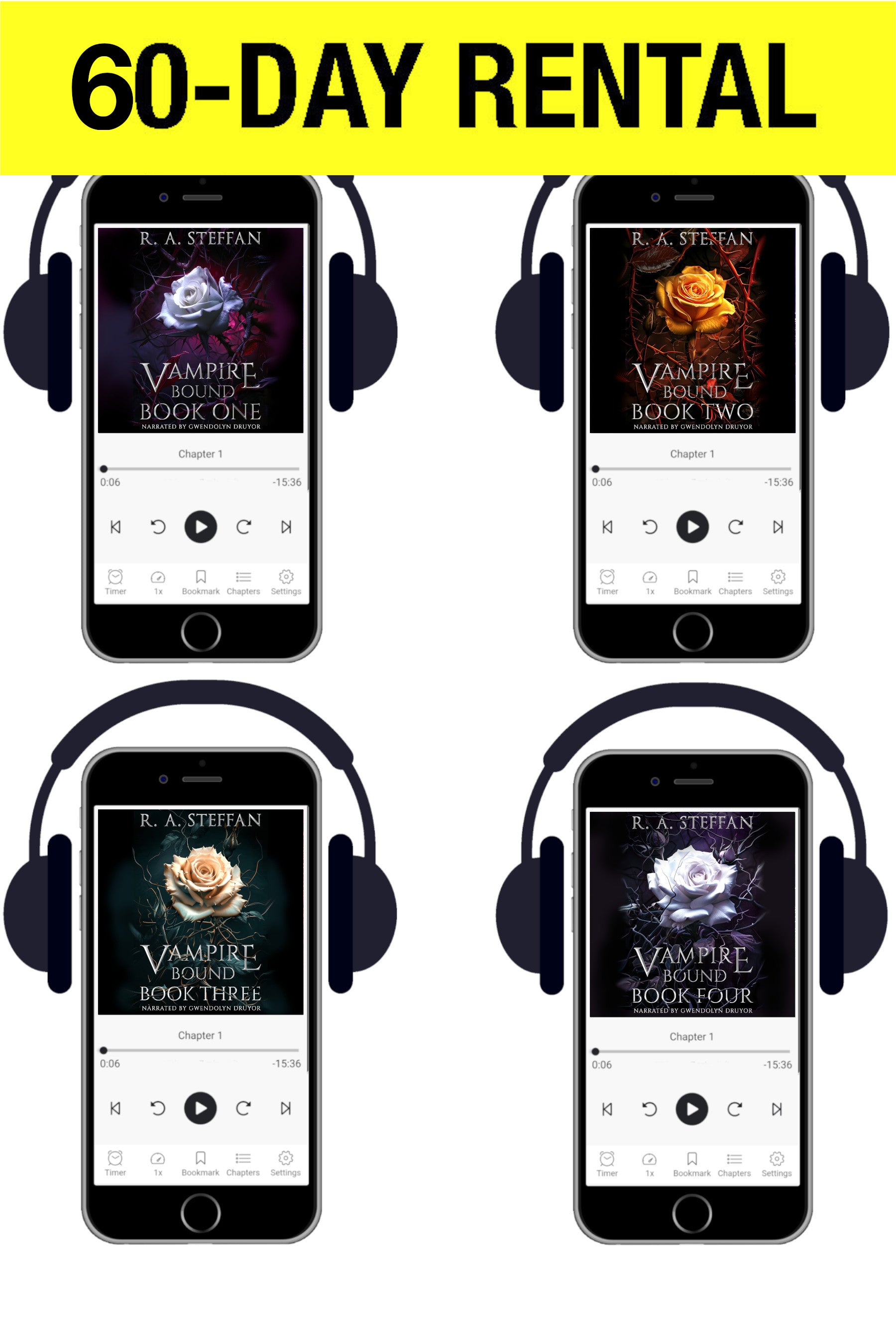 A promotional graphic for a 60-day rental of an audiobook or ebook, showing four smartphone screens arranged in a 2x2 grid on a white background. Each phone displays black over-ear headphones and a vampire-themed book cover with chapter titles.