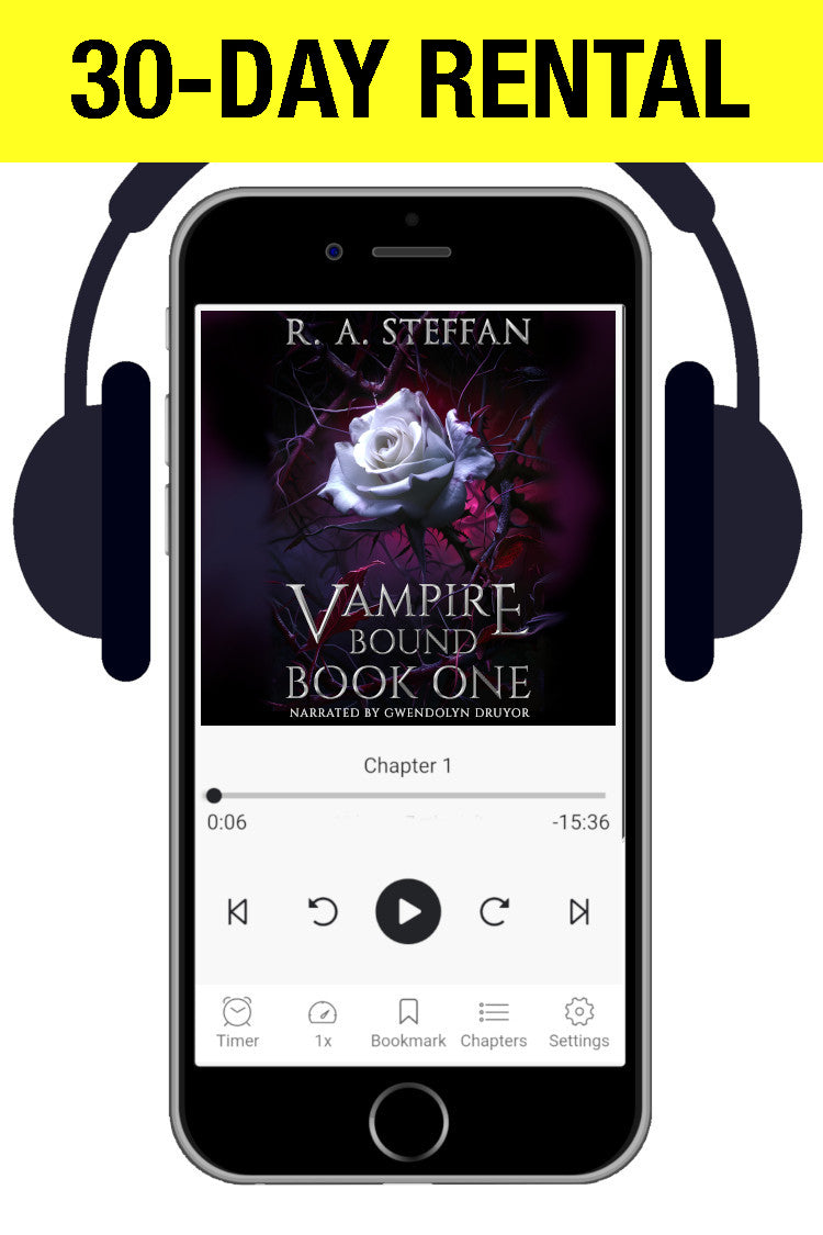A smartphone centered on a white background with black headphones around it, displaying a book player interface for 'Vampire Bound Book One' by R. A.
