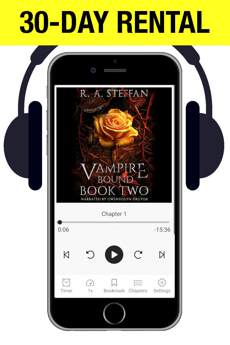 A smartphone centered on a white background with black headphones around it, displaying an audiobook or ebook player. The screen shows the cover art for 'Vampire Bound Book Two' by R.