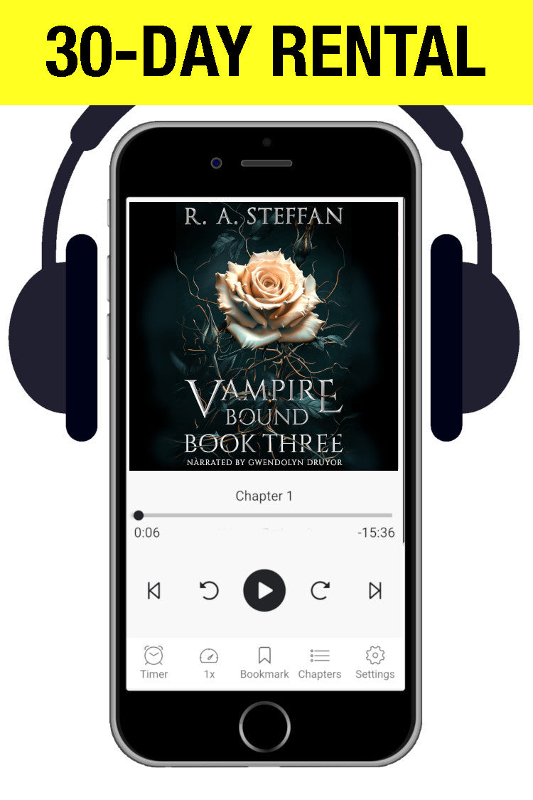 A smartphone centered on a white background with black headphones around it and a bright yellow banner at the top reading “30-DAY RENTAL.” The phone screen shows a book player with the cover art for “Vampire Bound Book Three” by R.
