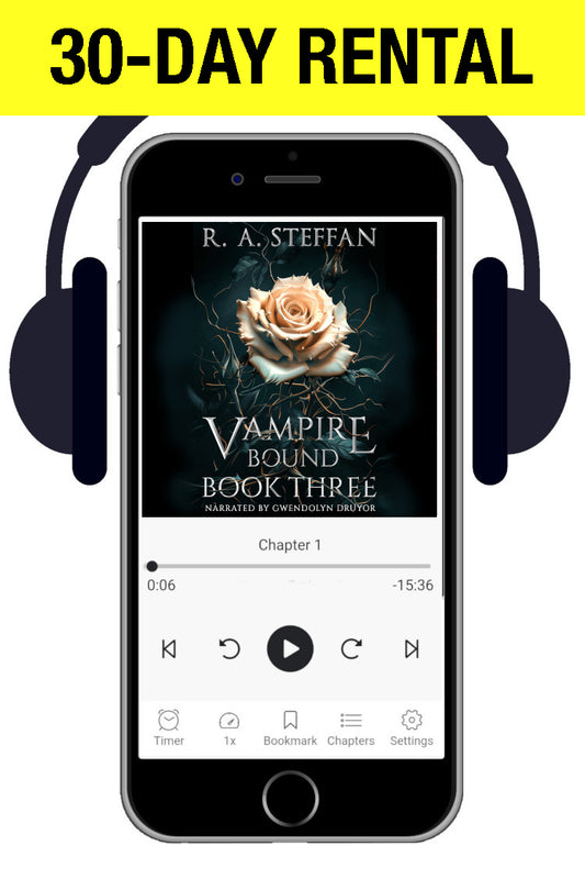 A smartphone centered on a white background with black headphones around it and a bright yellow banner at the top reading “30-DAY RENTAL.” The phone screen shows a book player with the cover art for “Vampire Bound Book Three” by R.