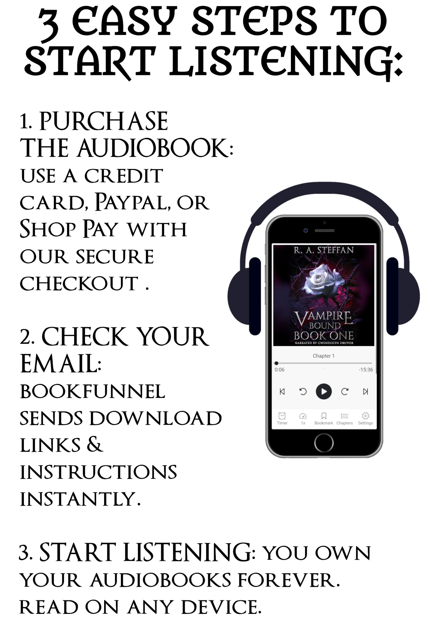 Instructions for purchasing and listening to audiobooks on a smartphone with headphones.