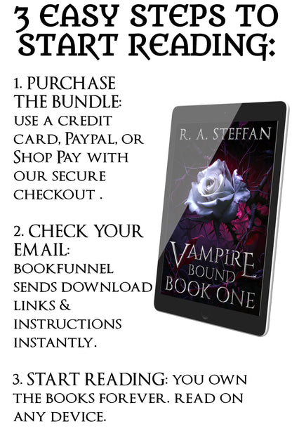 Promotional text for purchasing and downloading 'Vampire Bound' by R.A. Steffen on a digital device.