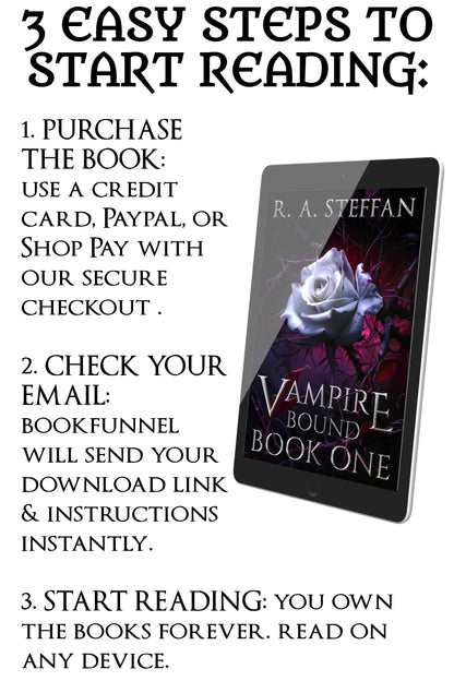Promotional text for purchasing and downloading 'Vampire Bound' by R.A. Steffen on a digital device.
