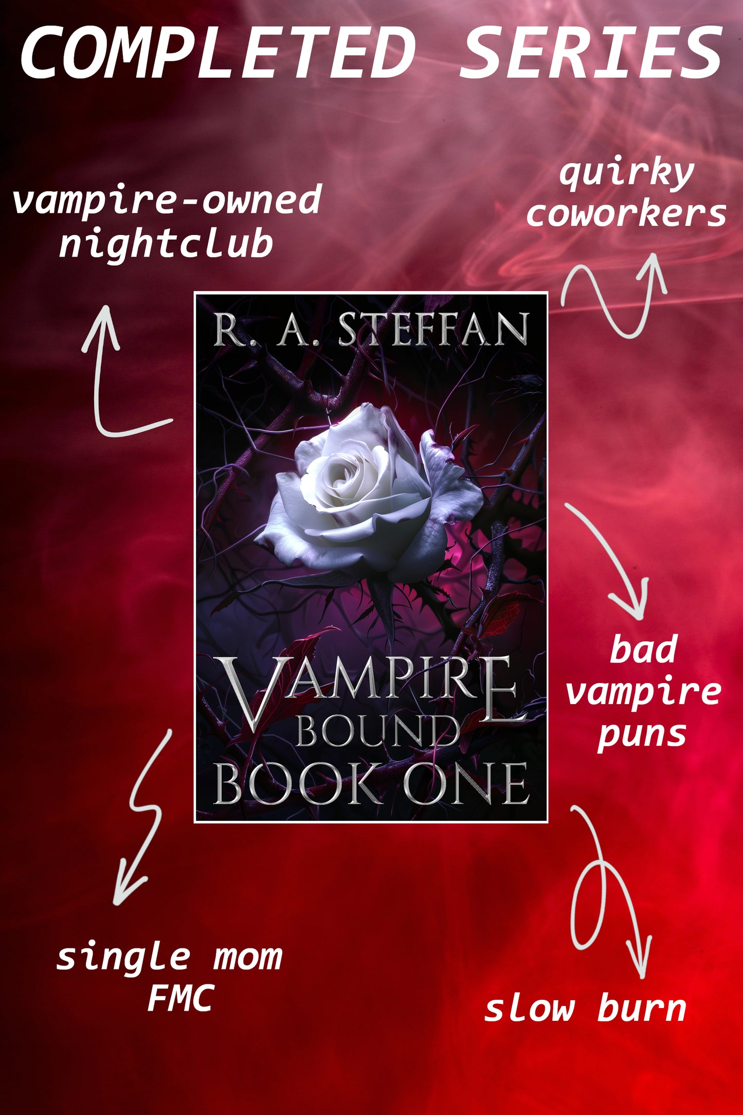 Book cover of 'Vampire Bound' by R.A. Steffan with text describing plot elements on a red background